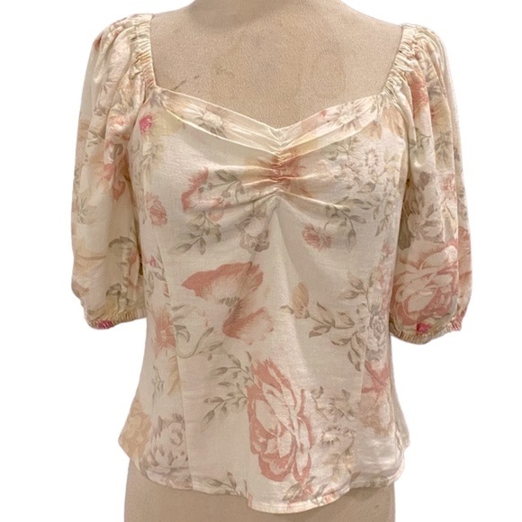 Puff Sleeve Floral Sweetheart Neck Linen Prairie Style Top - Picture 6 of 9